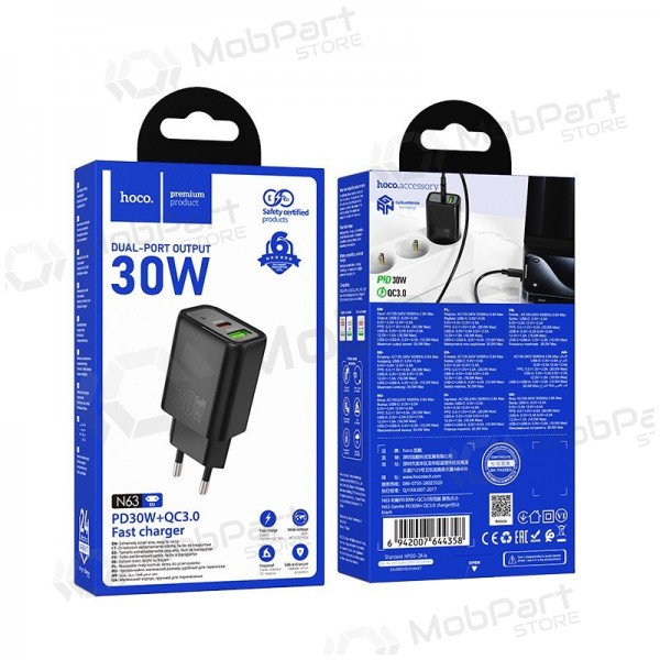 Telefoonoplader Hoco N63 30 W GaN USB-C + USB-A zwart