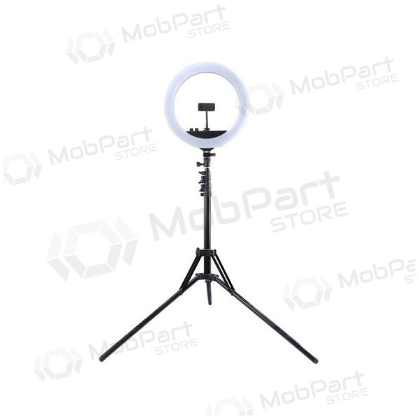 LED žiedinė lamp 34.5cm, su trikoju stovu iki 1.85m, veidrodžiu en telefono laikikliu, USB