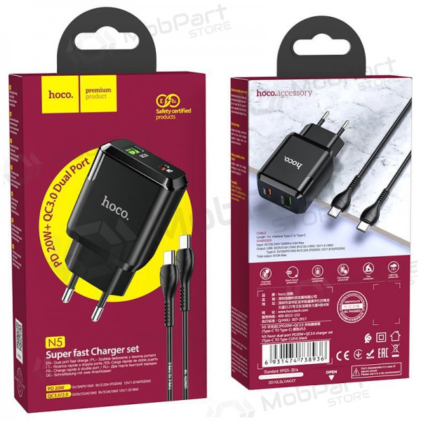 Lader Hoco N5 USB Quick Charge 3.0 + PD 20W (3.1A) + Type-C-Type-C (zwart)