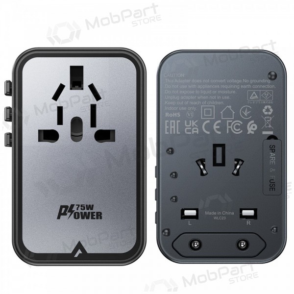 Universeel kelioninis lader Acefast Z1 75W GaN 2xUSB-A/3xUSB-C zwart