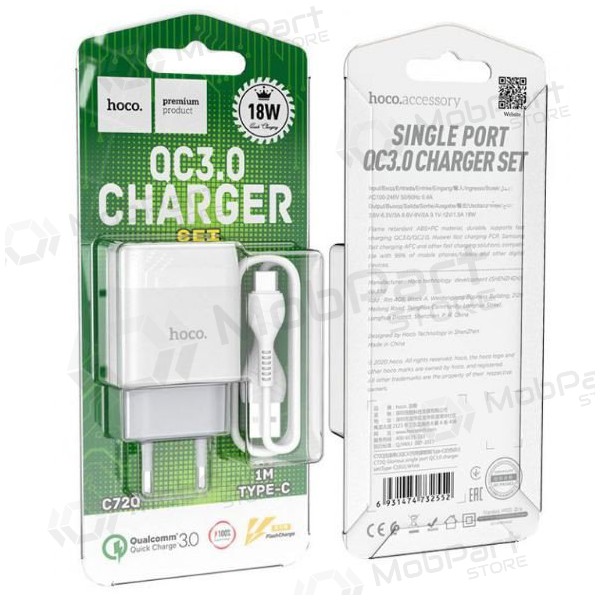 Lader HOCO C72Q Glorious + type-C kabel (QC3.0) (wit)