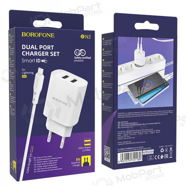 Lader Borofone BN2 2xUSB 2.1A + Lightning (wit)
