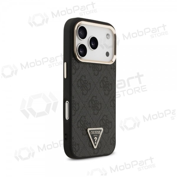 Apple iPhone 18 Pro hoesje - Guess PU Leather 4G Strass Triangle Logo Gold Frame MagSafe (zwart)