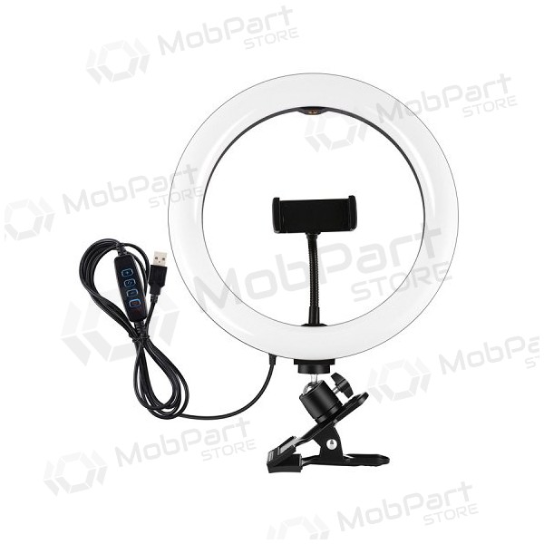 LED žiedinė lamp 26cm, su telefono laikikliu en spaustuku, USB