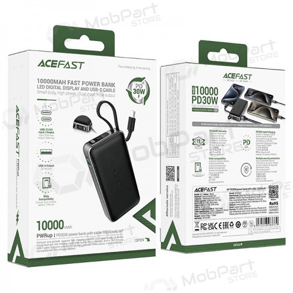 Externe batterij Power Bank Acefast M7-10000 PD30W With Cable 10000mAh zwart