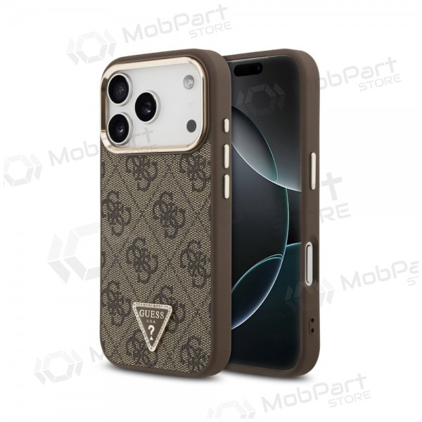 Apple iPhone 18 Pro hoesje - Guess PU Leather 4G Strass Triangle Logo Gold Frame MagSafe (bruin)