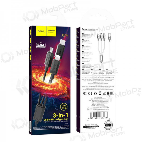 USB kabel Hoco X74 3in1 microUSB-Lightning-Type-C 1.0m (zwart)