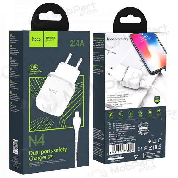 Lader Hoco N4 X 2 USB  jungtimis + Lightning (2.4A) (wit)
