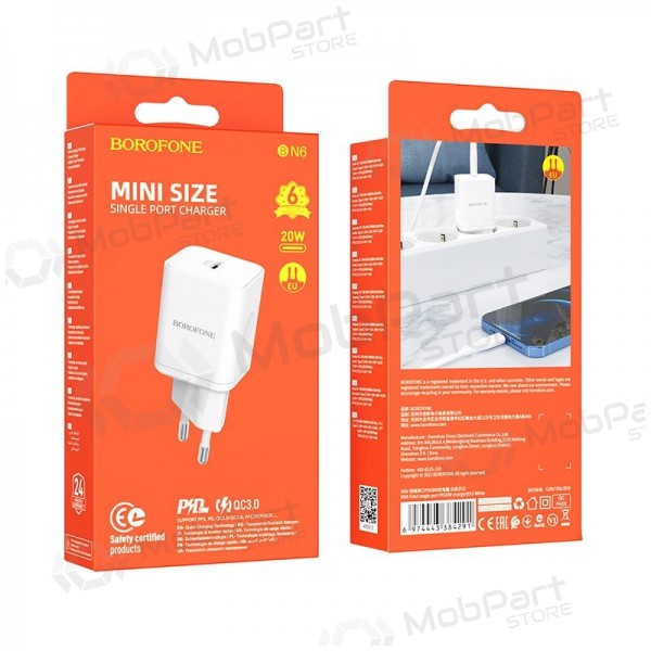 Lader buitinis Borofone BN6 Type-C PD+QC3.0 20W, wit
