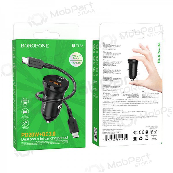 Lader automobilinis Borofone BZ18A USB-A/Type-C PD20W+QC3.0 + Type-C (zwart)