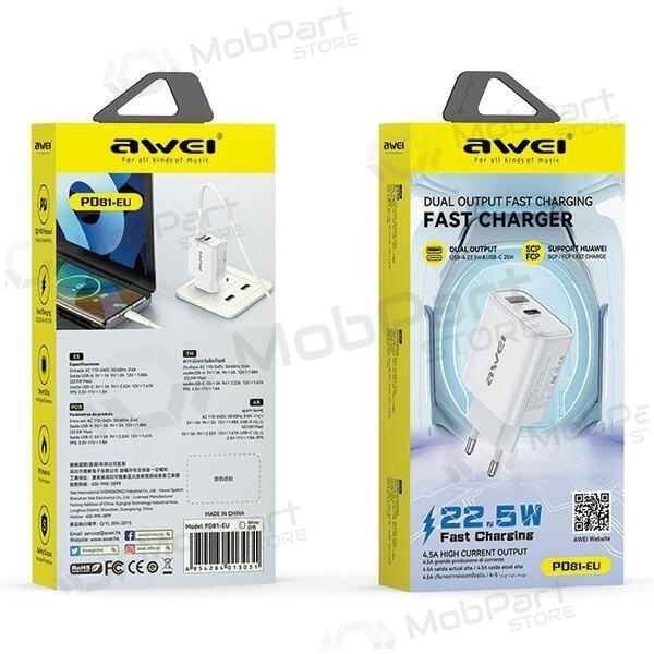 Lader Awei PD81-EU USB-A/USB-C wit