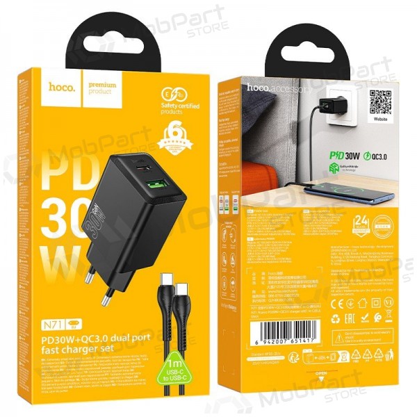 Telefoonoplader Hoco N71 30 W GaN USB-C + USB-A met USB-C kabel 1 m zwart