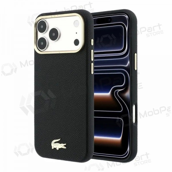 Apple iPhone 18 Pro hoesje - Lacoste PU Leather Champs Elysees Gold Logo MagSafe (zwart)