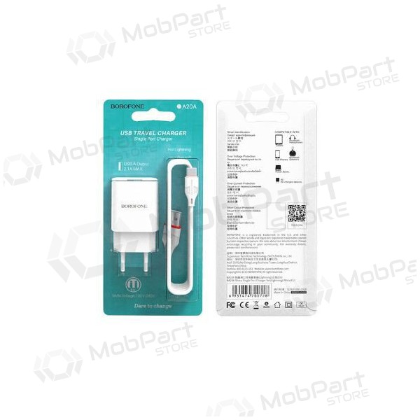 Lader BOROFONE BA20A Sharp USB + Type-C kabel (5V 2.1A) (wit)