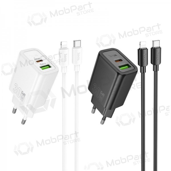 Telefoonoplader Hoco N63 30 W GaN USB-C + USB-A met Lightning-kabel 1 m wit