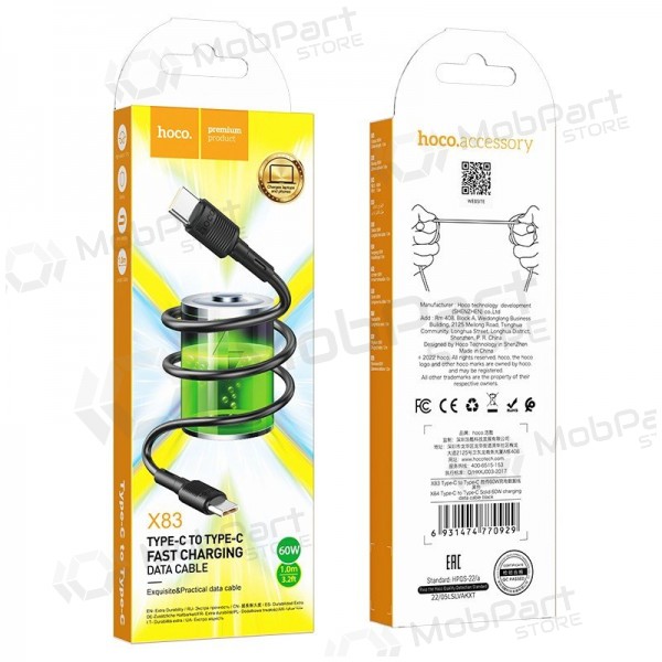 USB kabel Hoco X83 60W Type-C to Type-C 1.0m zwart