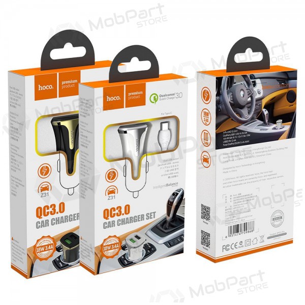 Lader automobilinis Hoco Z31 Quick Charge 3.0 (3.4A) x 2 USB + Type-C (wit)