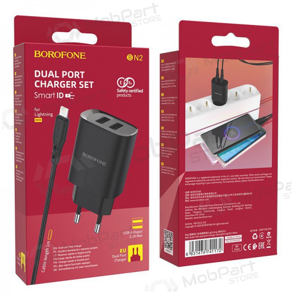 Lader Borofone BN2 2xUSB 2.1A + Lightning (zwart)