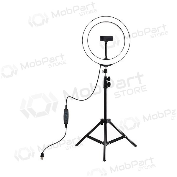 LED žiedinė lamp 26cm, su trikoju stovu iki 1.1m en telefono laikikliu, USB