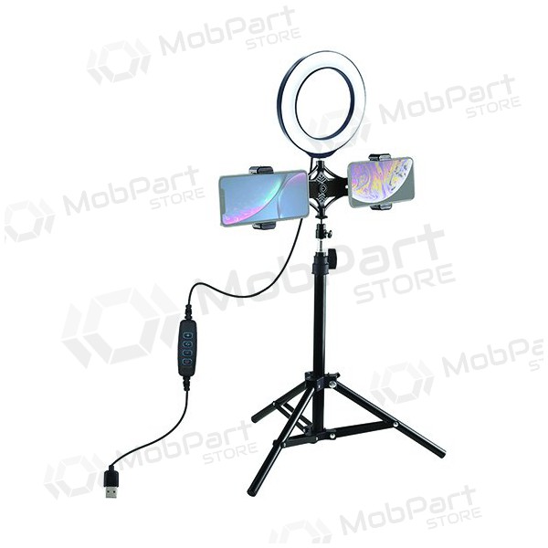 LED žiedinė lamp 16cm, su trikoju stovu iki 70cm en dvigubu telefono laikikliu, USB