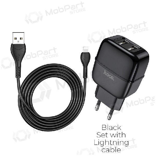 Lader HOCO C77A Highway Dual USB + lightning kabel (5V 2.4A) (zwart)