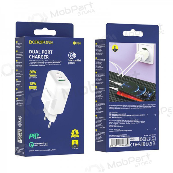 Lader Borofone BN4 1xUSB, 1xType-C QC 3.0, PD 2.0 20W (wit)