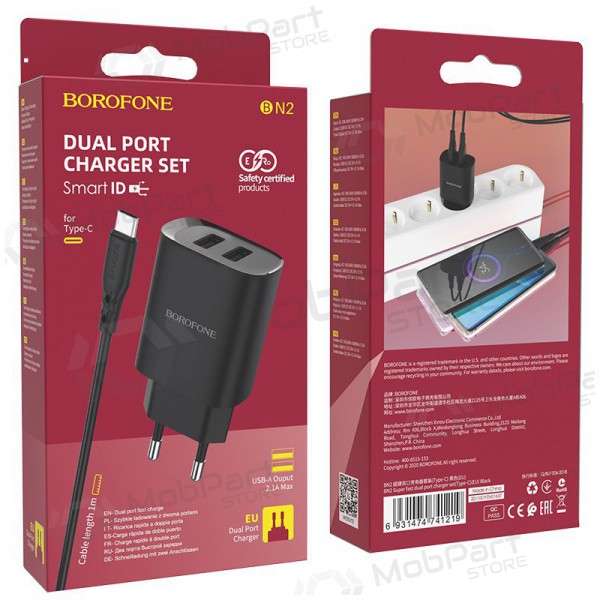 Lader Borofone BN2 2xUSB 2.1A + USB Type-C (zwart)