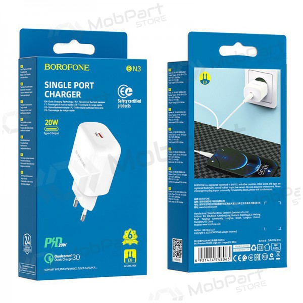 Lader Borofone BN3 Type-C QC 3.0, PD 2.0 20W (wit)