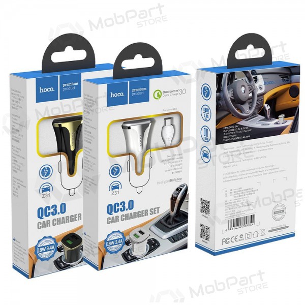 Lader automobilinis Hoco Z31 Quick Charge 3.0 (3.4A) x 2 USB + microUSB (wit)