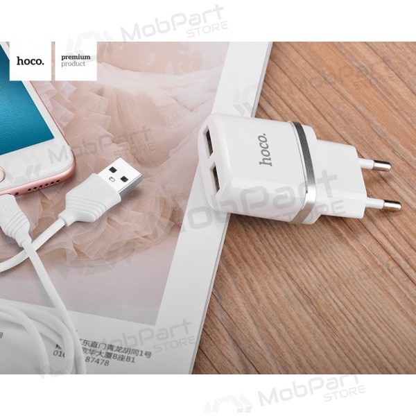 Lader HOCO C12 Smart Dual USB + Lightning kabel (5V 2.4A) (wit)