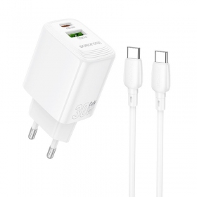 Telefoonoplader Borofone BN29 30 W USB-C + USB-A met USB-C kabel 1 m wit