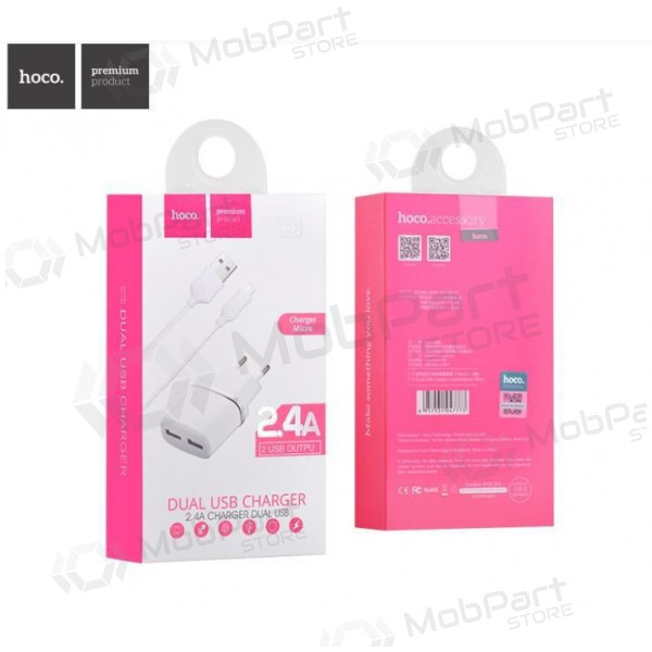 Lader HOCO C12 Smart Dual USB + microUSB kabel (2.4A) (wit)