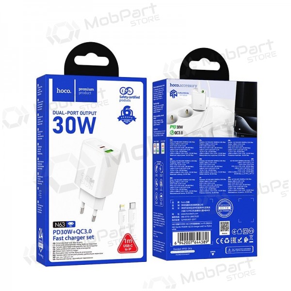 Telefoonoplader Hoco N63 30 W GaN USB-C + USB-A met Lightning-kabel 1 m wit