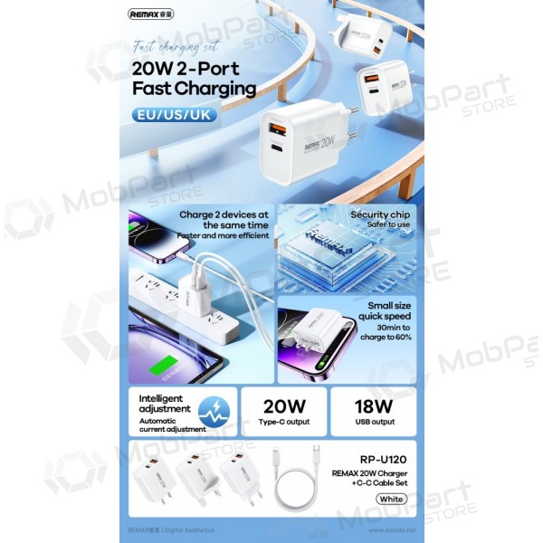 Telefoonoplader Remax RP-U120 20 W USB-C + USB-A met USB-C kabel 1 m wit