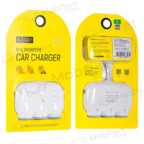 Autolader HOCO C1 TRIPLE + USB (5V 3.1A) (wit)