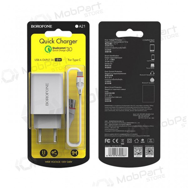 Lader BOROFONE BA21A Long journey QC3.0 USB + Type-C kabel 18W (3.6V-6.5V/3A, 6.6V-9V/2A, 9.1V-12V/1.5A) (wit)