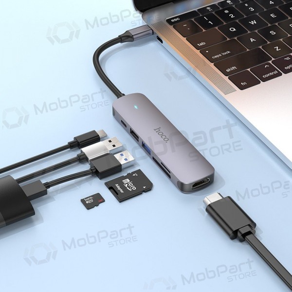 USB-C adapter Hoco HB28 USB-C naar HDMI + USB 3.0 + USB 2.0 + SD + TF + PD grijs