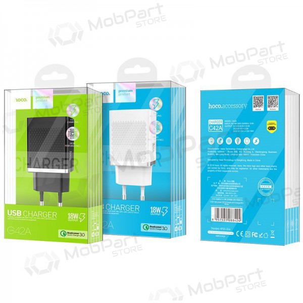 Lader HOCO C42A Vast power QC3.0 USB 18W (3.6V-6.5V/3A, 6.6V-9V/2A, 9.1V-12V/1.5A) (wit)