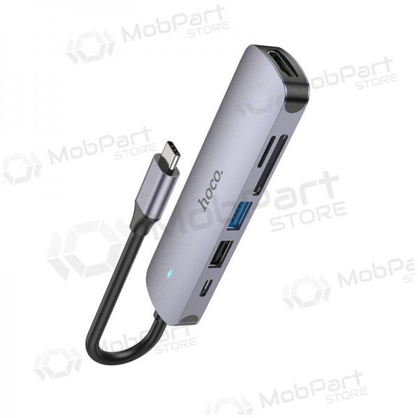 USB-C adapter Hoco HB28 USB-C naar HDMI + USB 3.0 + USB 2.0 + SD + TF + PD grijs