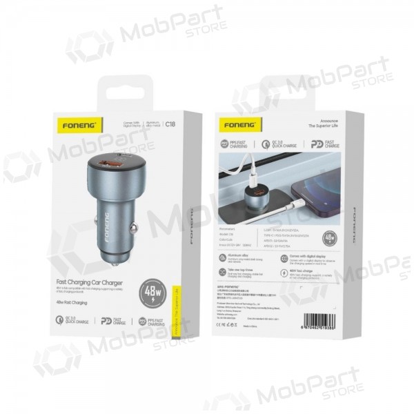 Autolader Foneng C18 48 W USB-C + USB-A grijs