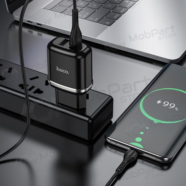 Lader Hoco N4 + microUSB (2.4A) (zwart)