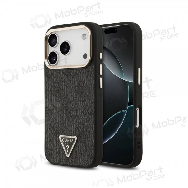 Apple iPhone 18 Pro hoesje - Guess PU Leather 4G Strass Triangle Logo Gold Frame MagSafe (zwart)