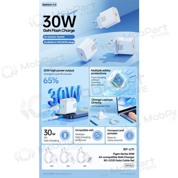 Telefoonoplader Remax RP-U71 30 W GaN USB-C met USB-C kabel 1 m wit