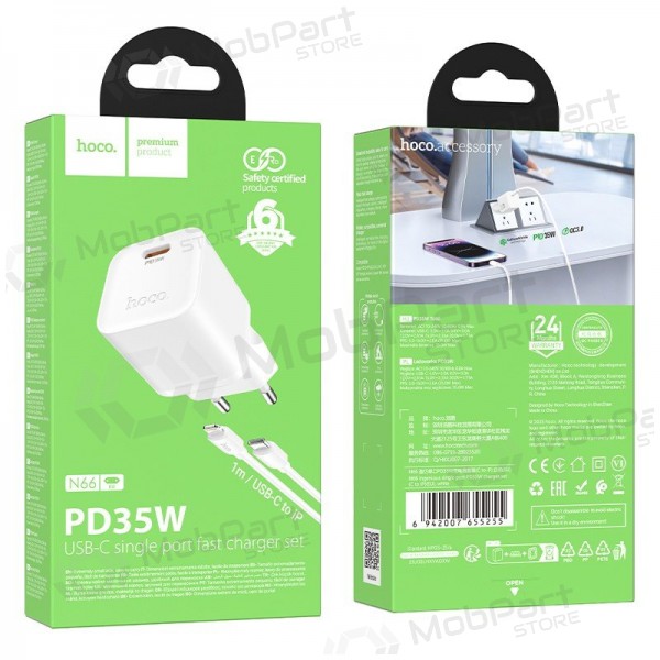 Telefoonoplader Hoco N66 35 W GaN USB-C + USB-A met Lightning kabel 1 m wit