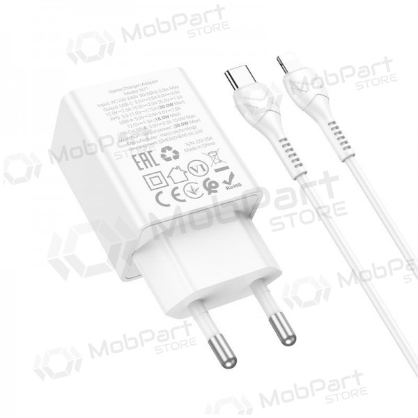 Telefoonoplader Hoco N71 30 W GaN USB-C + USB-A met Lightning-kabel 1 m wit