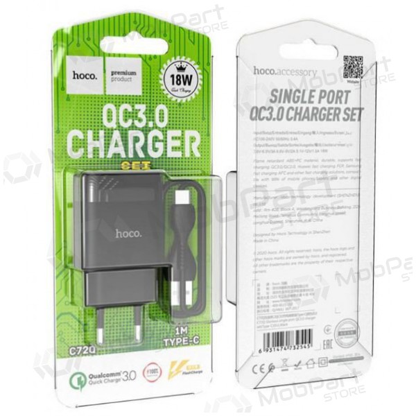 Lader HOCO C72Q Glorious USB + type-C kabel (QC3.0) (zwart)