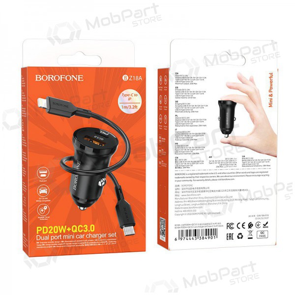 Lader automobilinis Borofone BZ18A USB-A/Type-C PD20W+QC3.0 + Lightning (zwart)