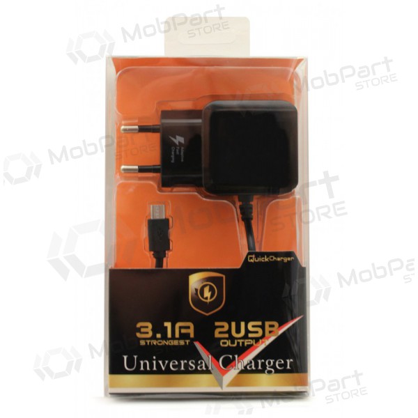 Oplader F13c FastCharging x 2 USB (3.1A) + microUSB (zwart)