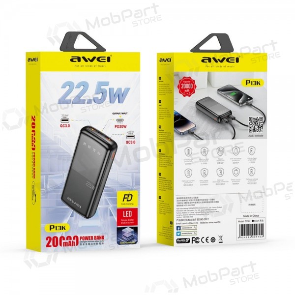 Powerbank Awei P13K 20000 mAh PD 20 W / QC 22.5 W, zwart