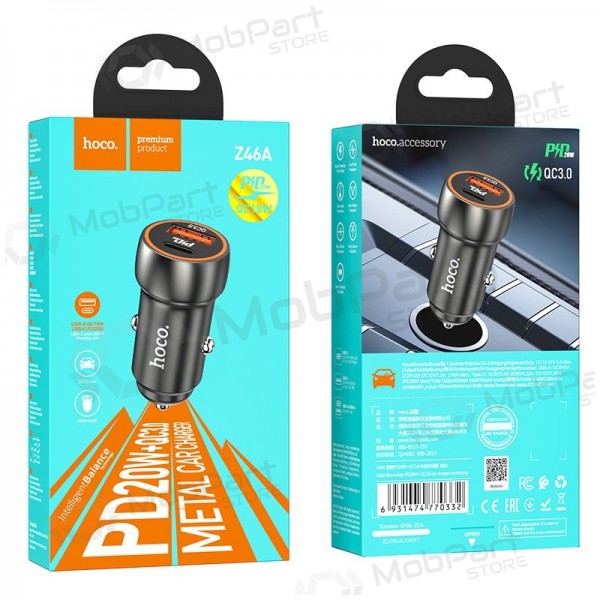 Lader automobilinis Hoco Z46A USB-A/Type-C PD20W+QC3.0 grijs